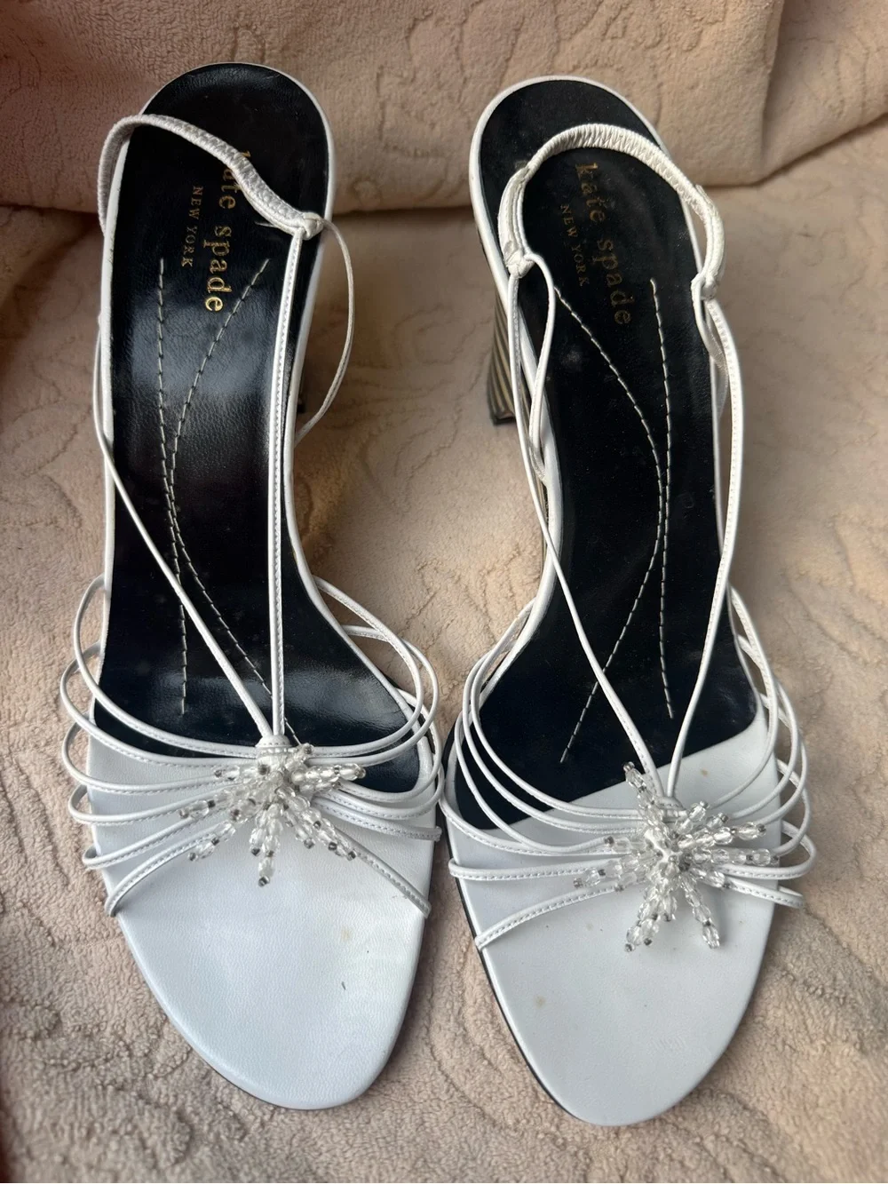kate spade White Strappy Slingback Heels with Crystal Accent